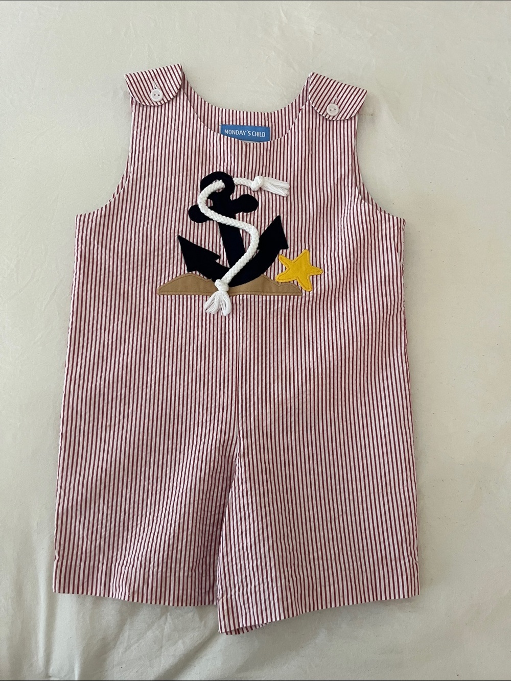 Monday's Child Red Stripe Anchor Shortall Romper